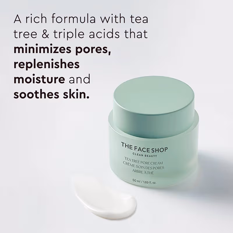 The Face Shop Tea Tree Pore Cream - Korean Moisturizer with AHA, Salicylic Acid (BHA) & PHA for Acne