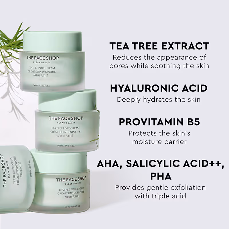 The Face Shop Tea Tree Pore Cream - Korean Moisturizer with AHA, Salicylic Acid (BHA) & PHA for Acne