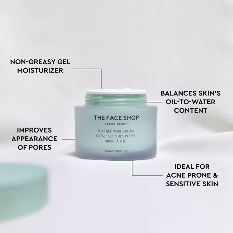 The Face Shop Tea Tree Pore Cream - Korean Moisturizer with AHA, Salicylic Acid (BHA) & PHA for Acne