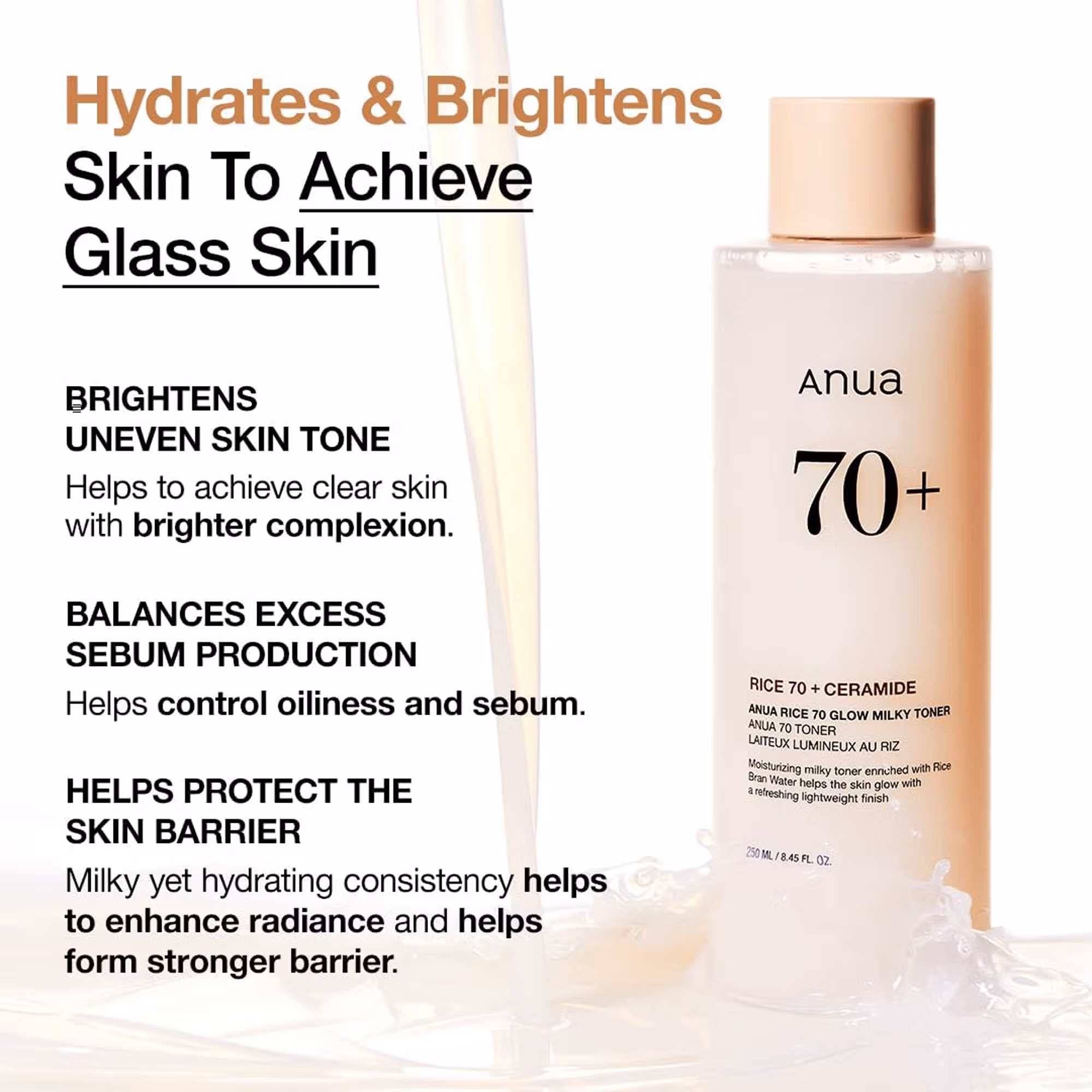 Anua - Rice 70 Glow Milky Toner - with Niacinamide & Ceramide For Glass Skin & Healthy Skin Barrier