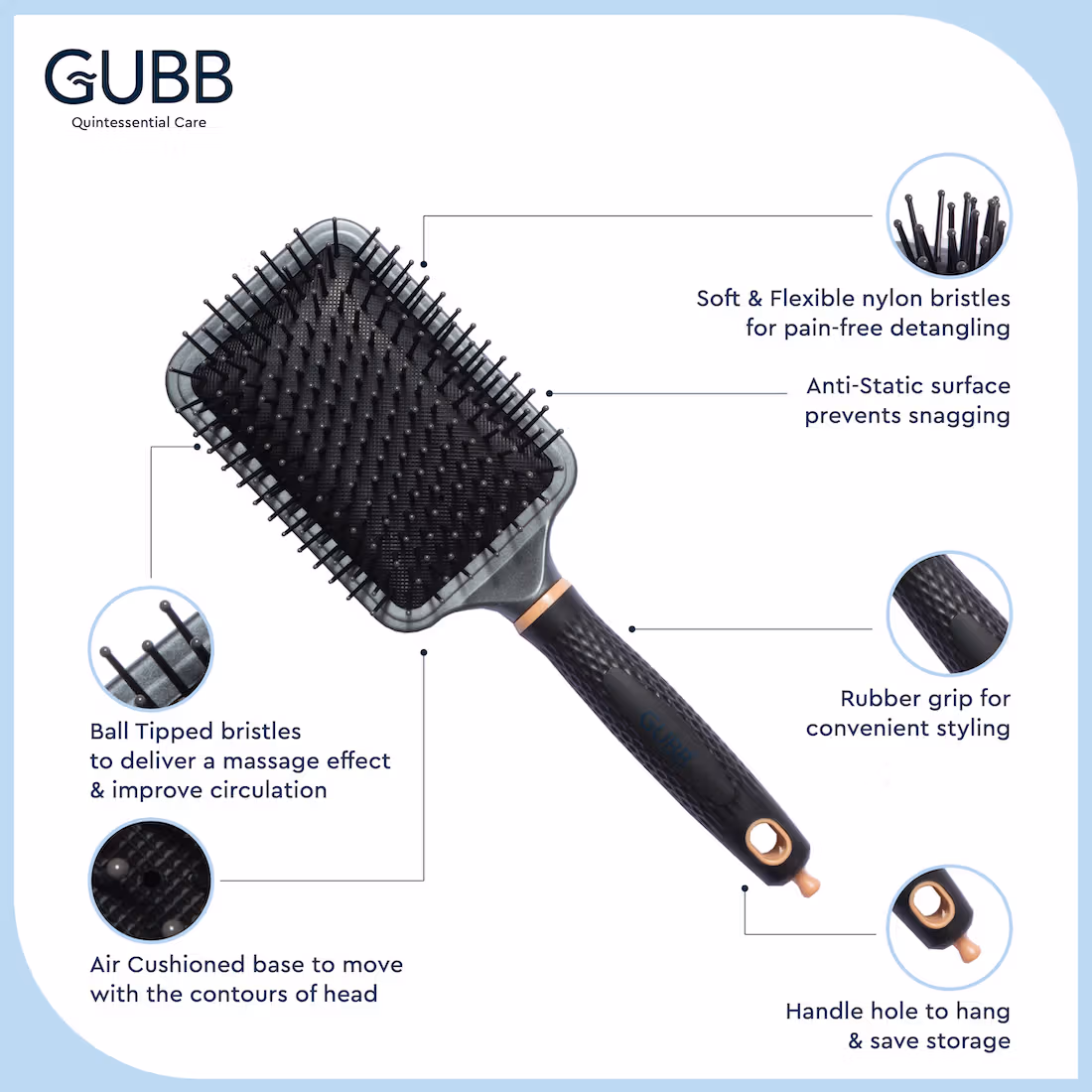 GUBB - Elite - Paddle Brush With Pin -For Detangle & Straighten Hai
