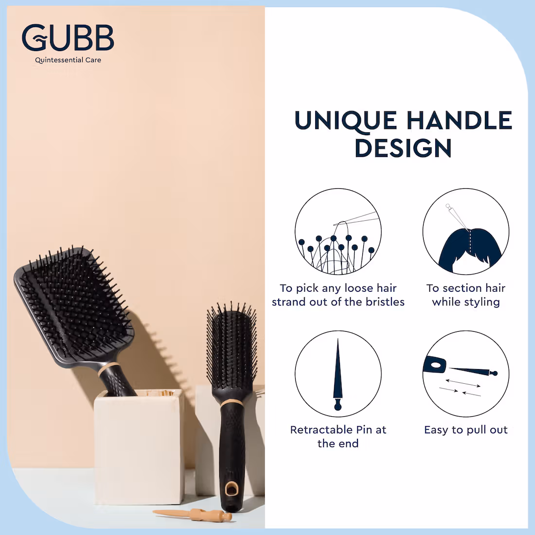 GUBB - Elite - Paddle Brush With Pin -For Detangle & Straighten Hai