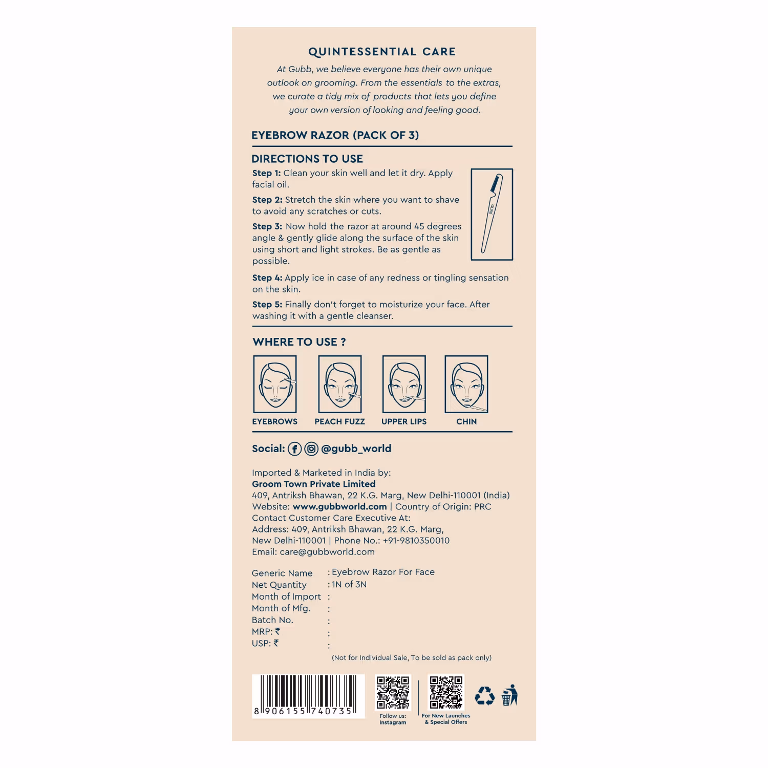 Gubb - Face & Eyebrow Razor - Can Be Used On Upper Lips, Chin, Peach Fuzz,