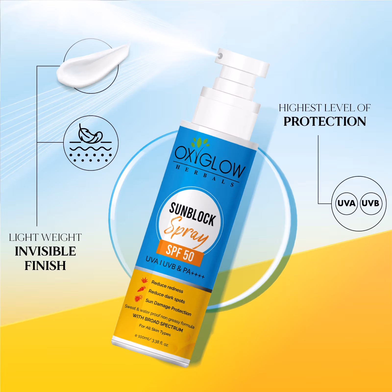 Oxyglow Herbals - Sunblock Spray - SPF 50 PA++++ UVA UVB