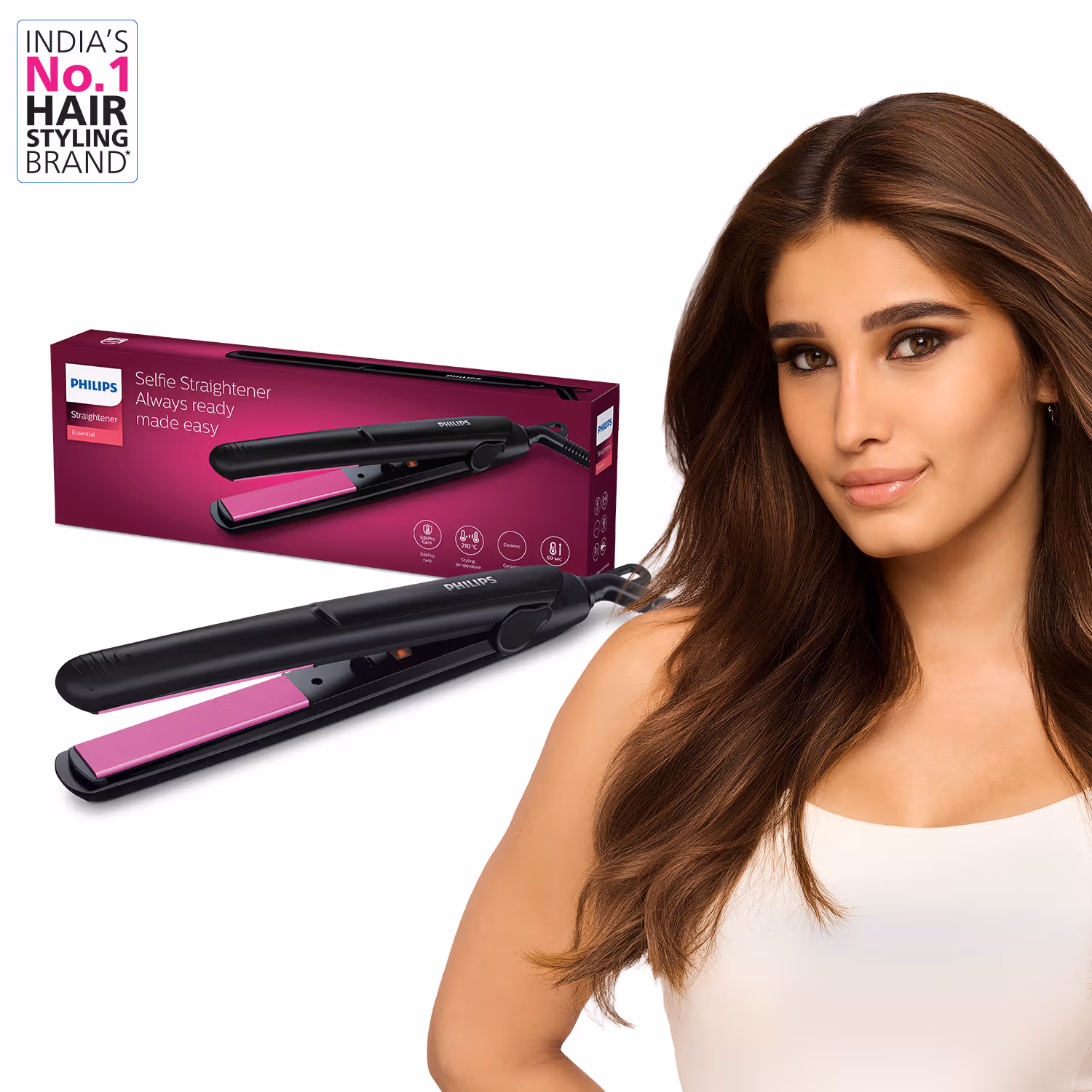 Philips - Selfie Hair Straightener - Minimized Heat Damage - Black