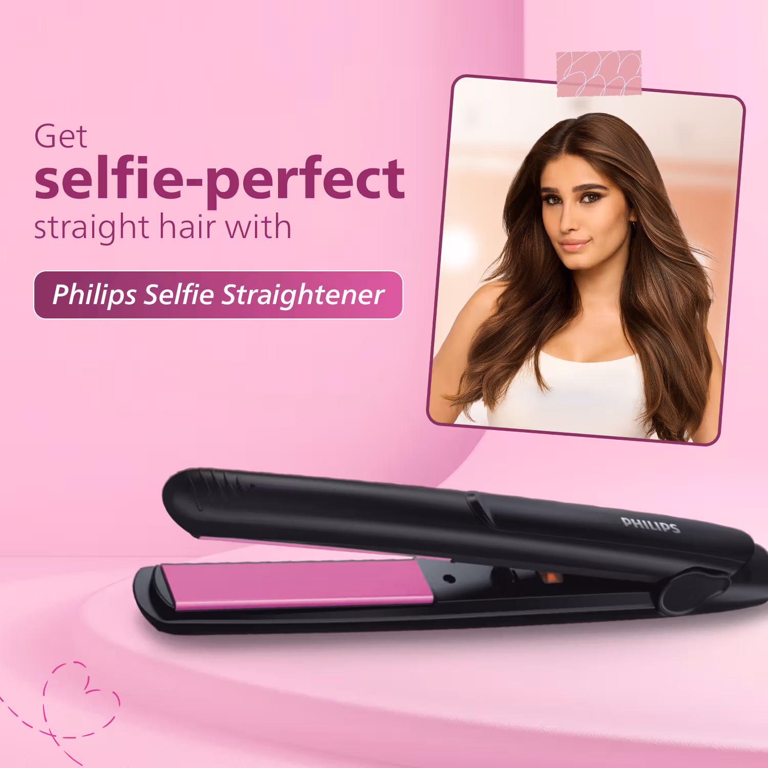 Philips - Selfie Hair Straightener - Minimized Heat Damage - Black