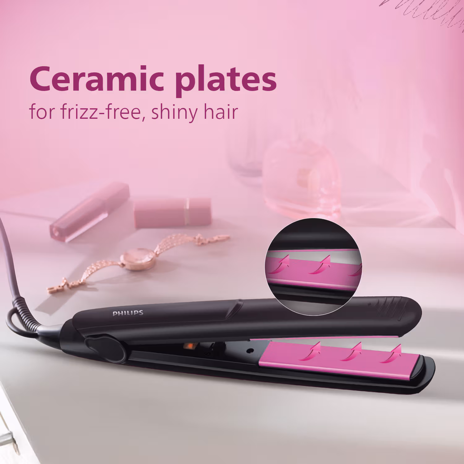 Philips - Selfie Hair Straightener - Minimized Heat Damage - Black