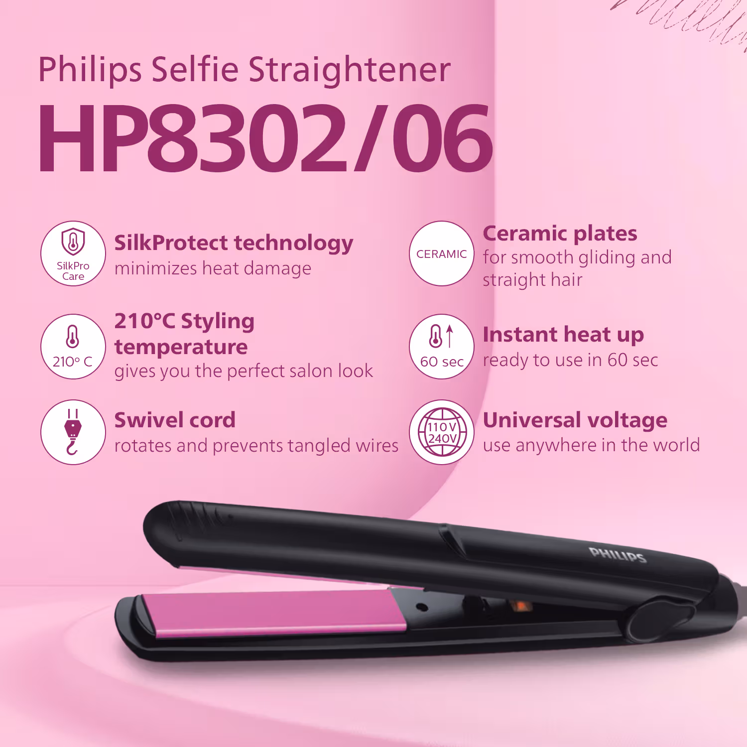 Philips - Selfie Hair Straightener - Minimized Heat Damage - Black