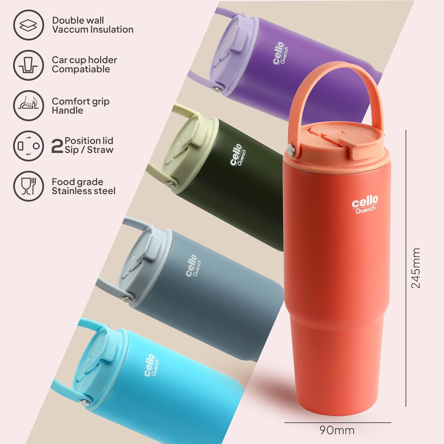 Cello - Quench Go - Insulated Stainless Steel - Sipper Tumbler with Straw