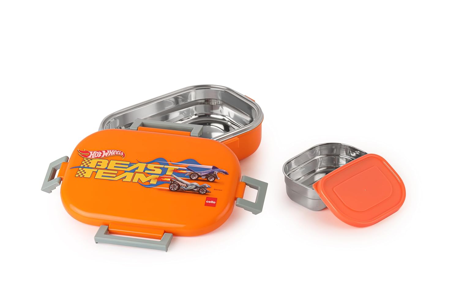 Cello - Feast Deluxe - Hot Wheel - Insulated - Kids Lunch Box with Steel Inner (Orange)