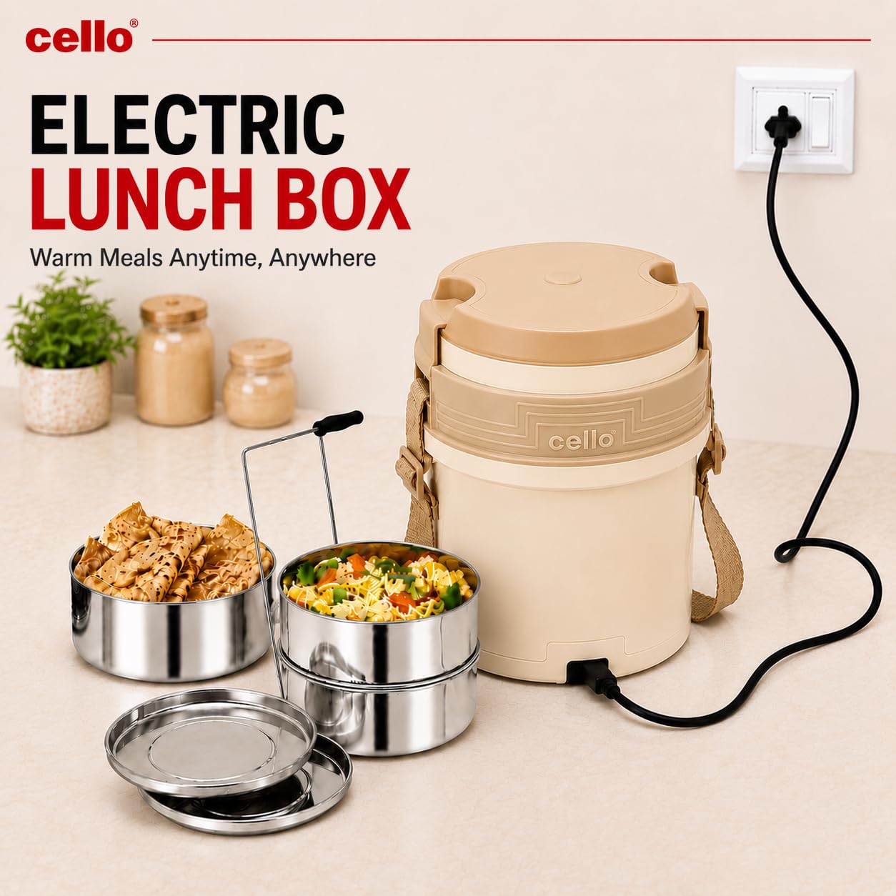 Cello - Newton 3 Tier - Compartment - Stainless Steel - Electric Lunch Box