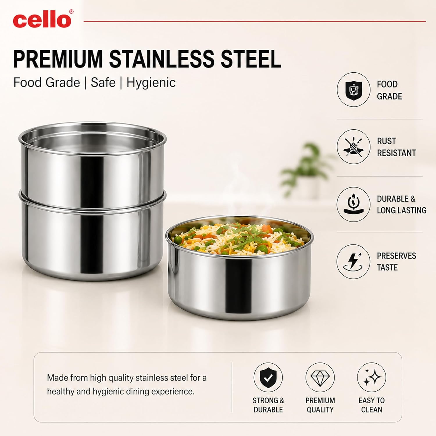 Cello - Newton 3 Tier - Compartment - Stainless Steel - Electric Lunch Box